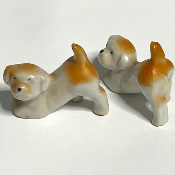 TWO Miniature Vintage White/Brown Puppies Porcelain Figurines 1.6" - Picture 2 of 11
